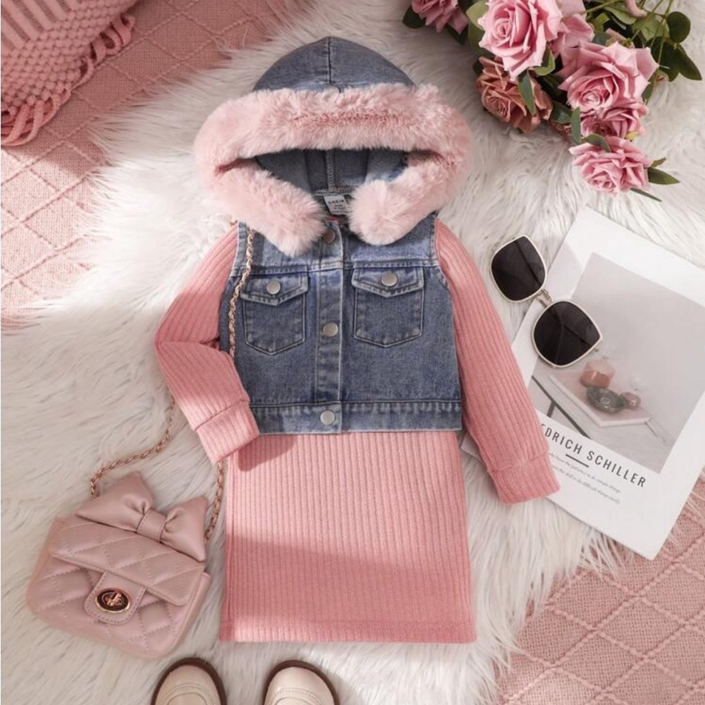 Kids Pink Ribbed Dress with Denim Vest and Faux Fur Collar